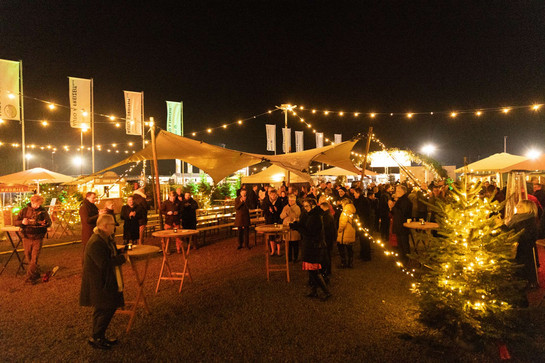 Weihnachtsmarkt, Tannenbaum, Lichterketten und Besucher