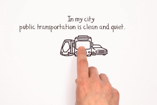 Zeichnung von S-Bahn, Bus und Auto nebeneinander. Ein Finger zeigt auf den Bus.