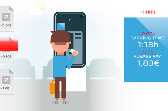 Animationsscreenshot eines Mannes, der sein Parkticket kauft