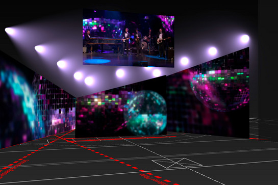Eine Bildercollage aus Discokugeln und einer Liveband