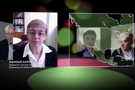 Rechts im Bild eine Karte von Amerika, links im Bild Professorin Hannah Landecker von der University of California, Los Angeles.