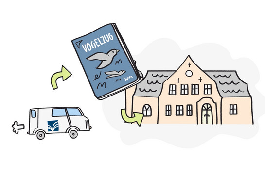 bb_bzsh_teaser_04.jpg Zeichnung, ein Auto, ein Buch und ein Haus, das eine Kirche sein könnte.