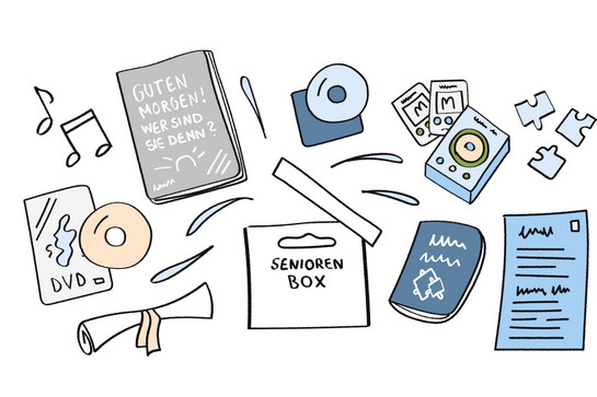 bb_bzsh_teaser_02.jpg Zeichnungen von Büchern, DVDs, Gesellschaftsspielen und Notizheften.