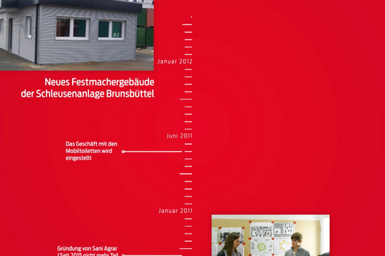 Zeitstrahl 2011 bis 2012 vor rotem Hintergrund mit 2 Fotos