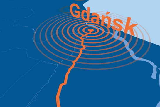 Eine blaue illustrierte Landkarte mit orangenen Kreisen