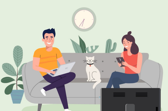 Zwei graphisch gezeichnete Menschen sitzen auf einem Sofa