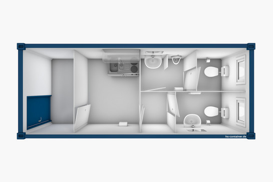 3D-Modell von rechteckigem Toilettencontainer mit Einrichtung von oben 