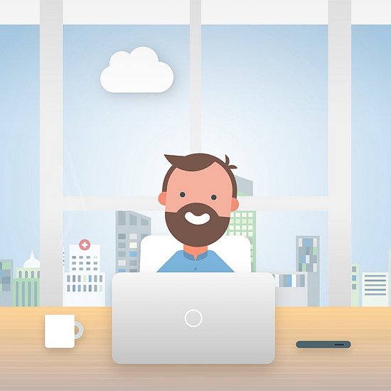 Mann sitzt mit Laptop an Schreibtisch im Comicstil