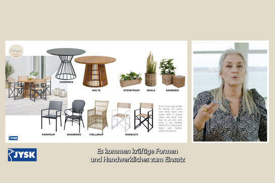 Übersicht der Gartenmöbel mit Produktnamen links und sprechende Frau rechts