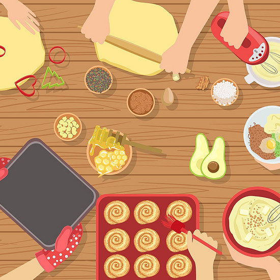 Illustration eines Tisches von oben, an dem Hände Teig rühren und ausrollen