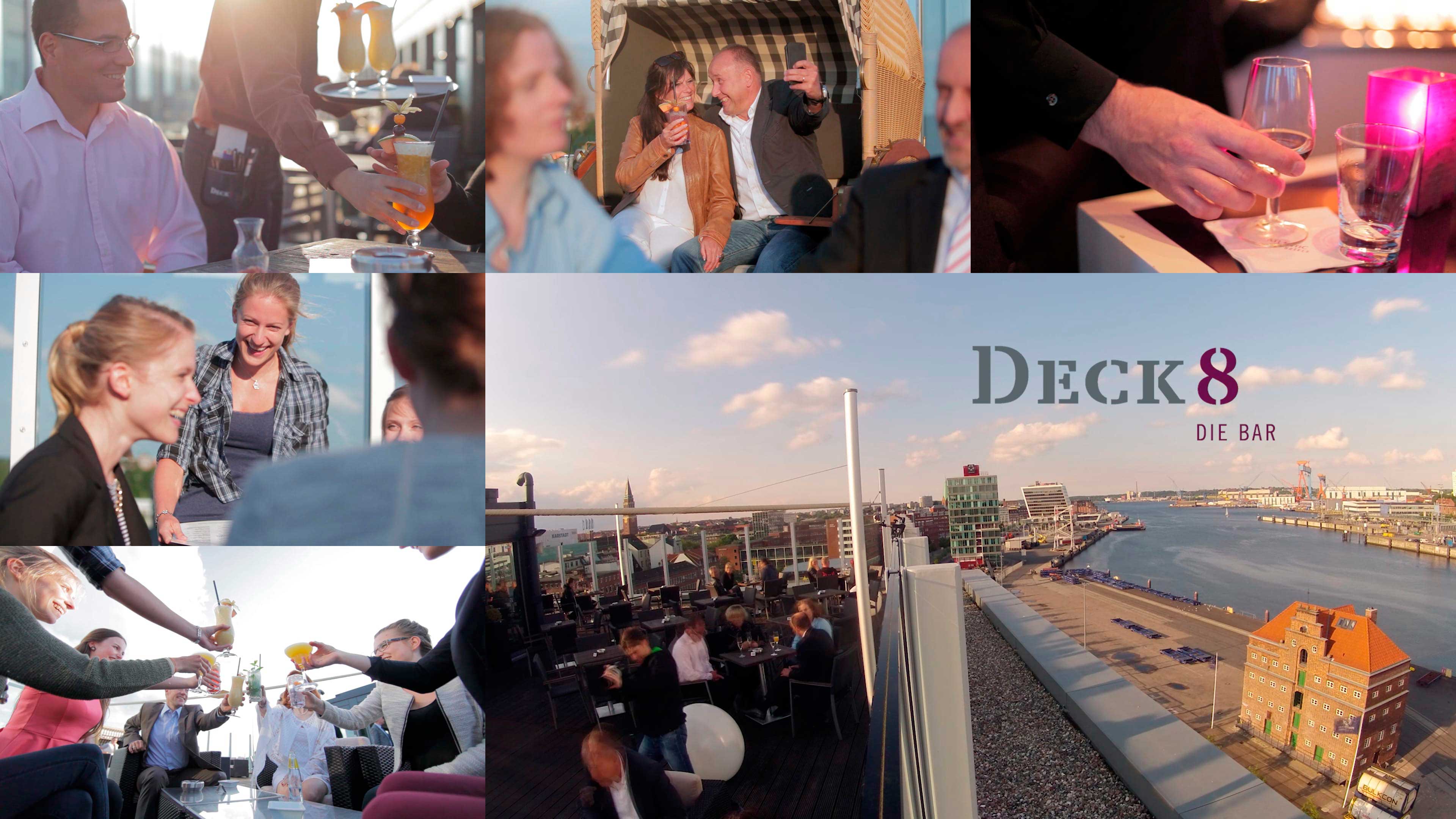 Bildcollage aus sechs Fotos, die die Gäste in und vor einer Bar zeigen.