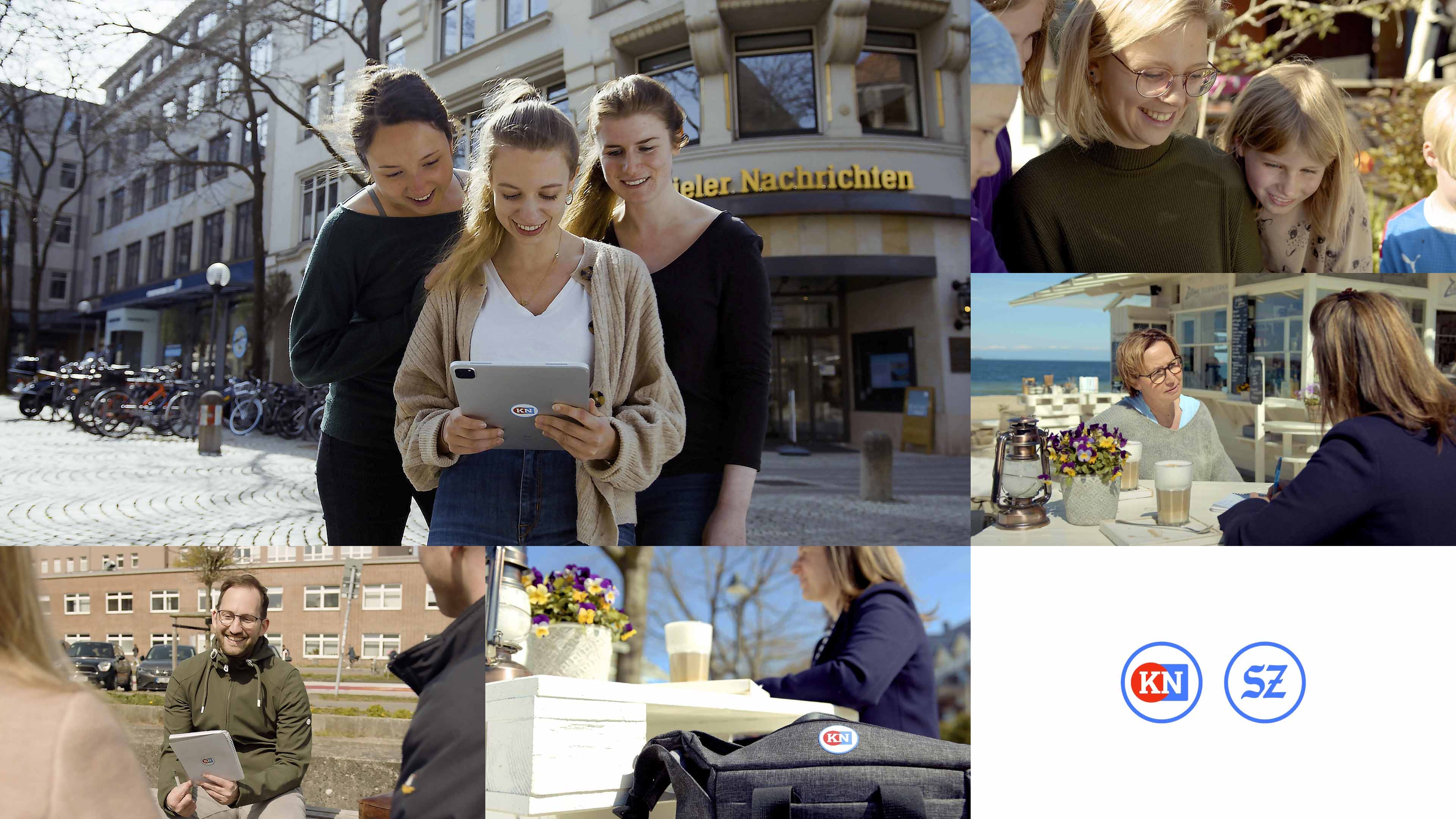 Bildercollage von Personen, die auf ein Tablet schauen oder interviewt werden