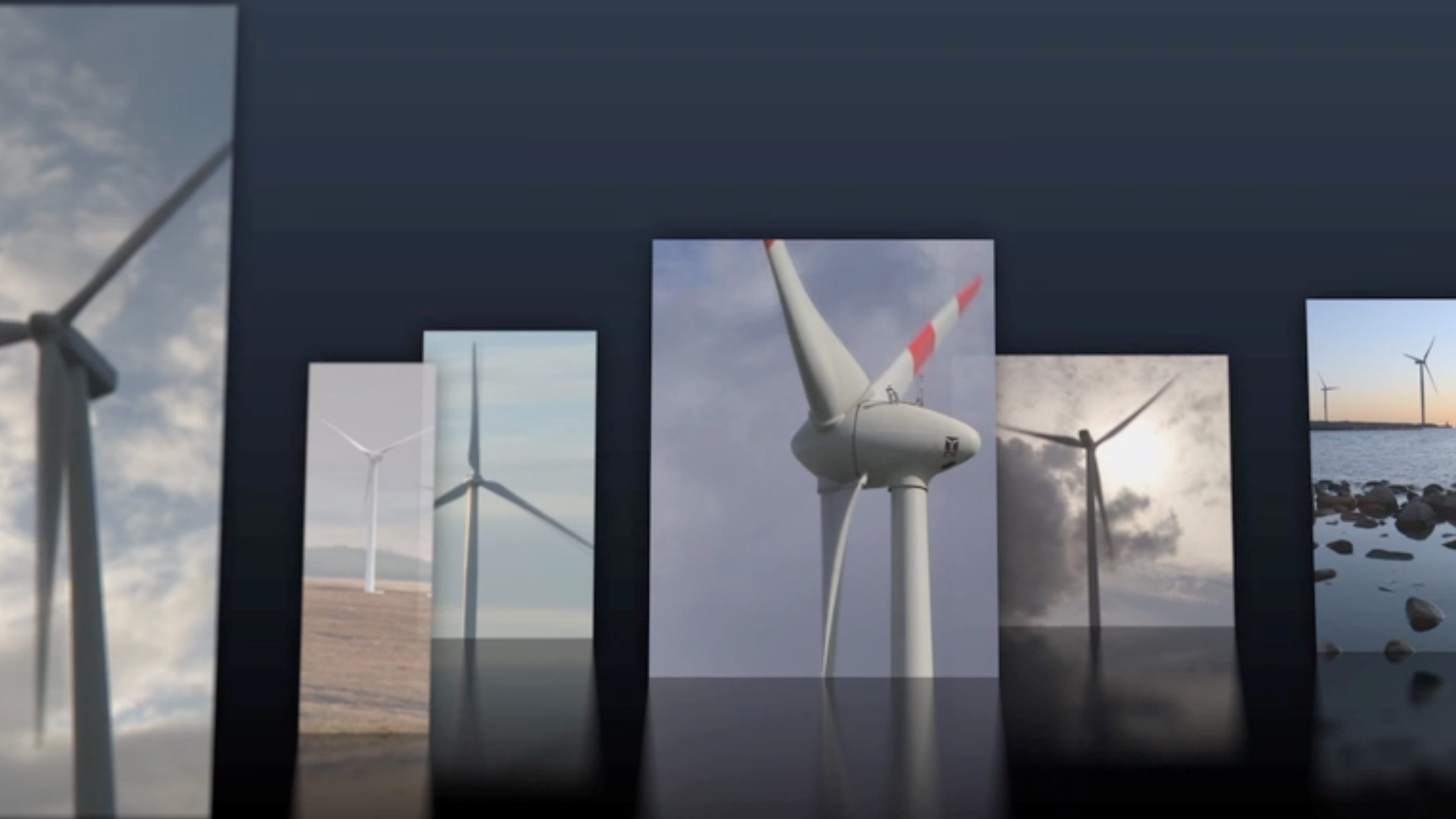Sechs Bilder von Windrädern