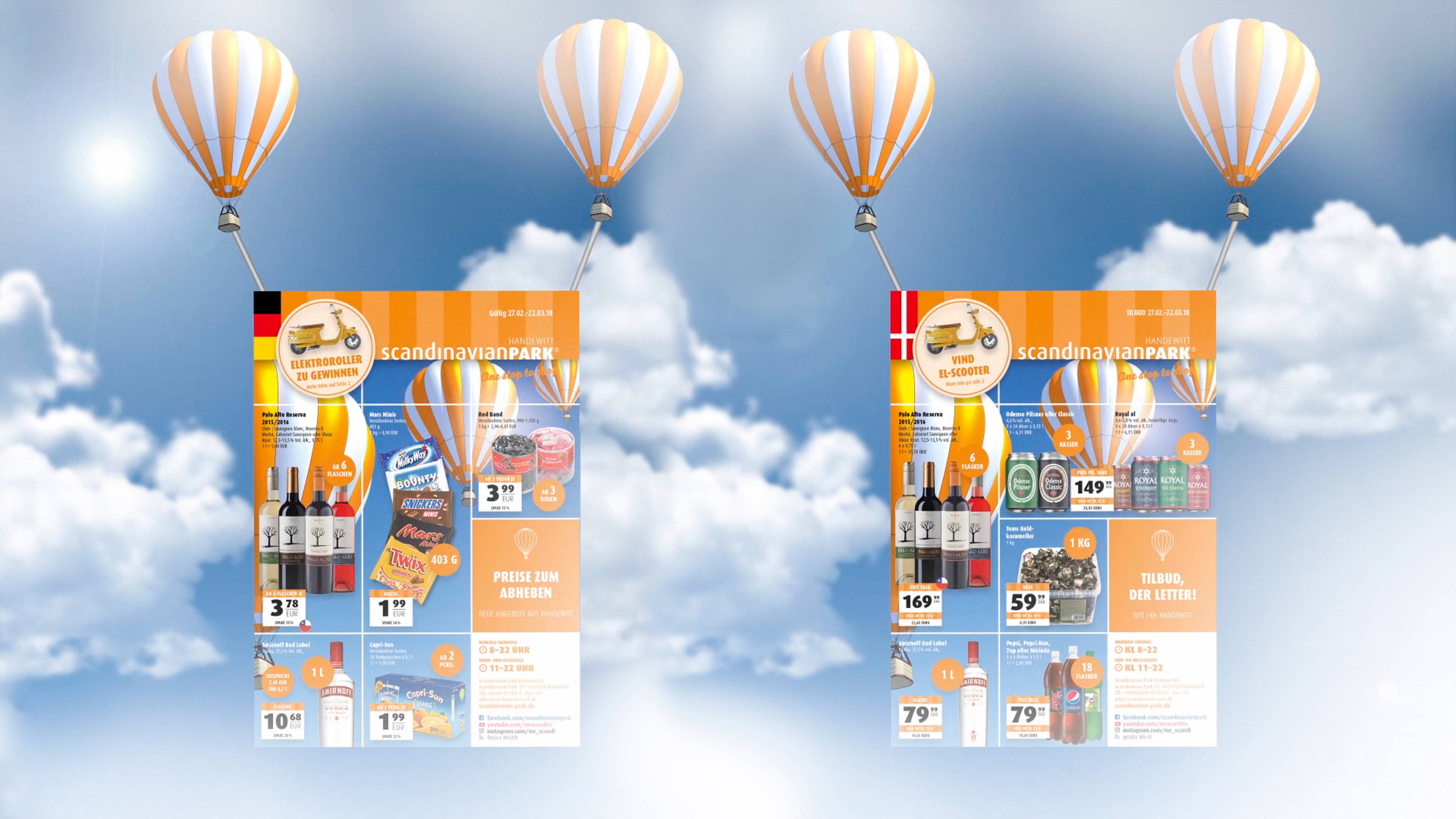 Zwei Scandipark Prospekte fliegen in der Luft mit Ballons