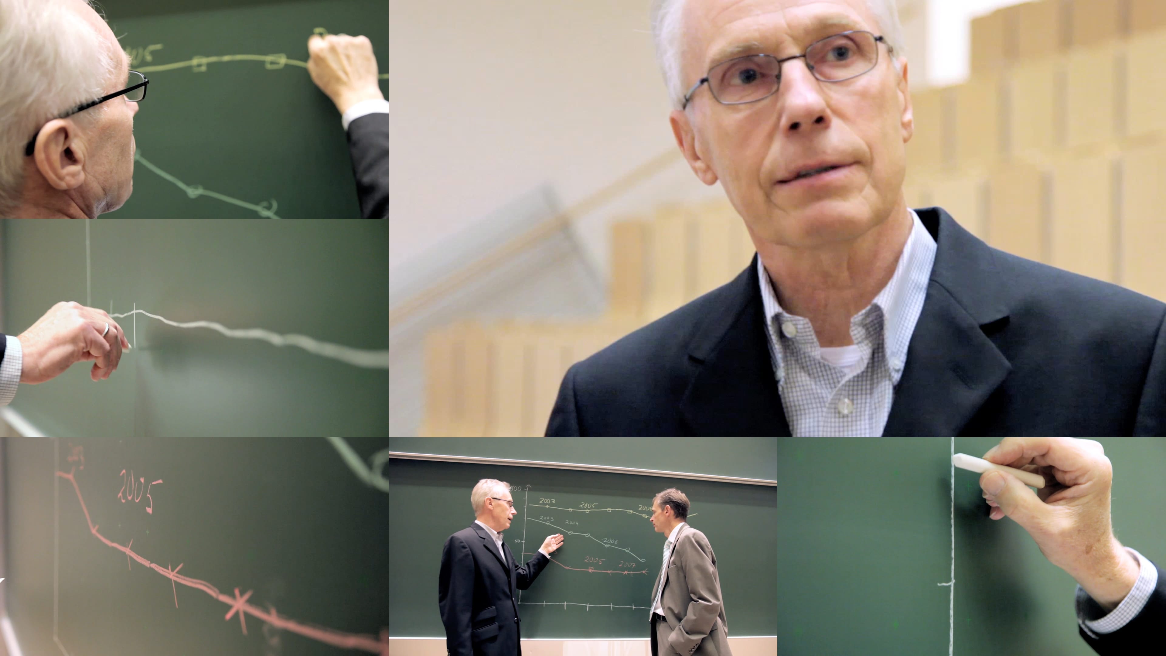 Bildercollage eines Mannes der auf einer Tafel schreibt