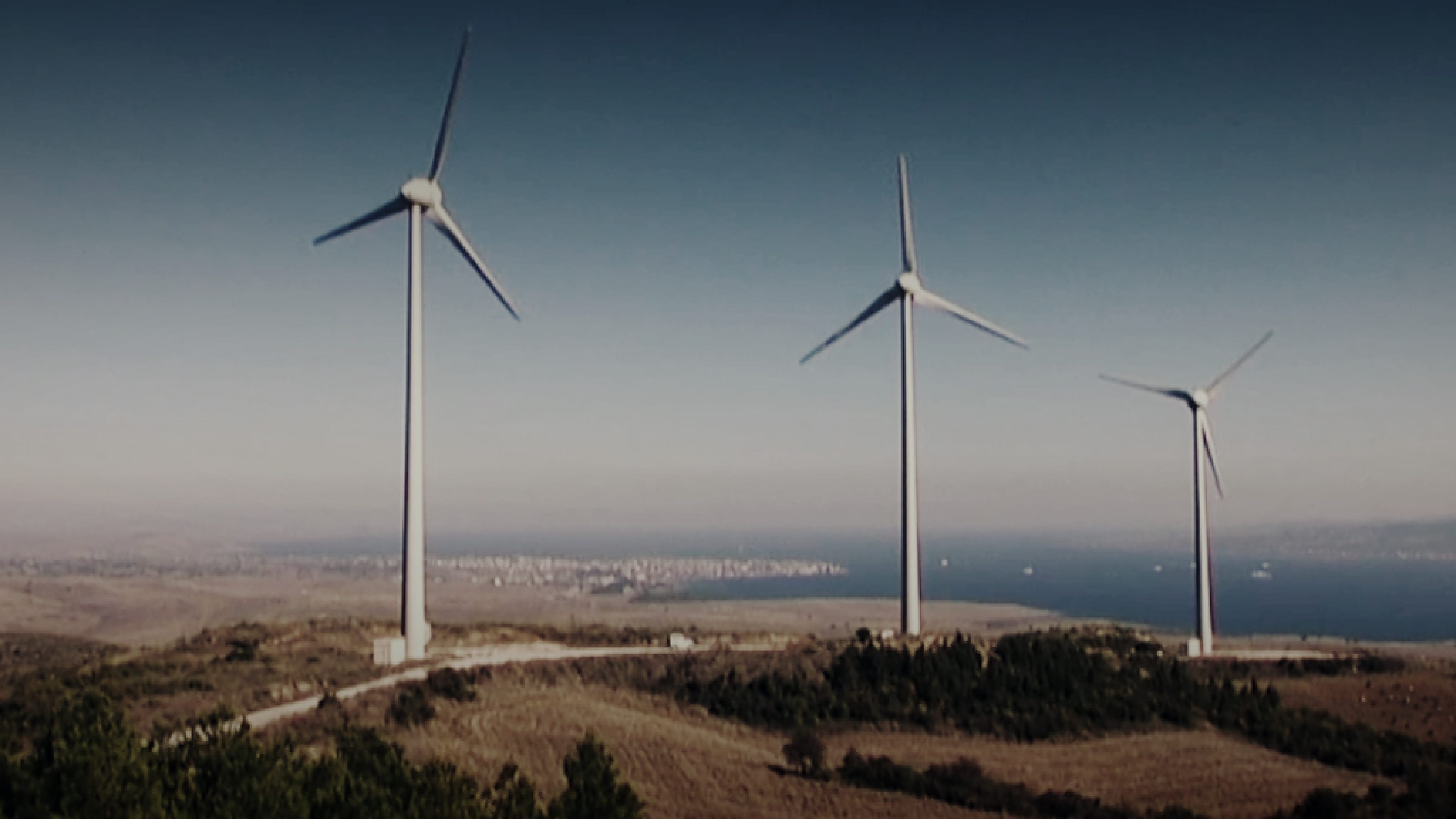 Drei Windräder stehen nah am Meer