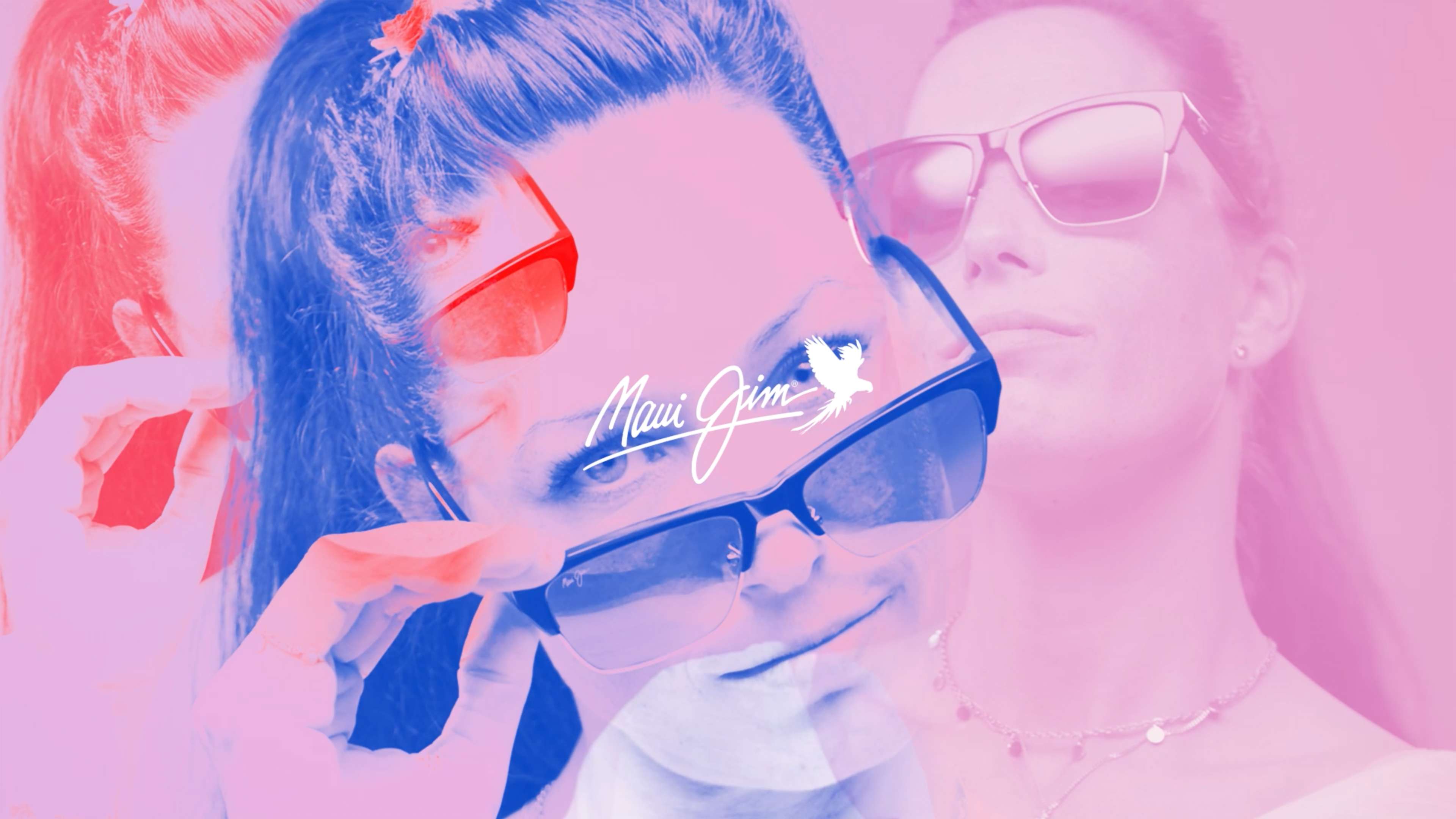 Frau mit Sonnenbrille in Rosa, Blau, Rot
