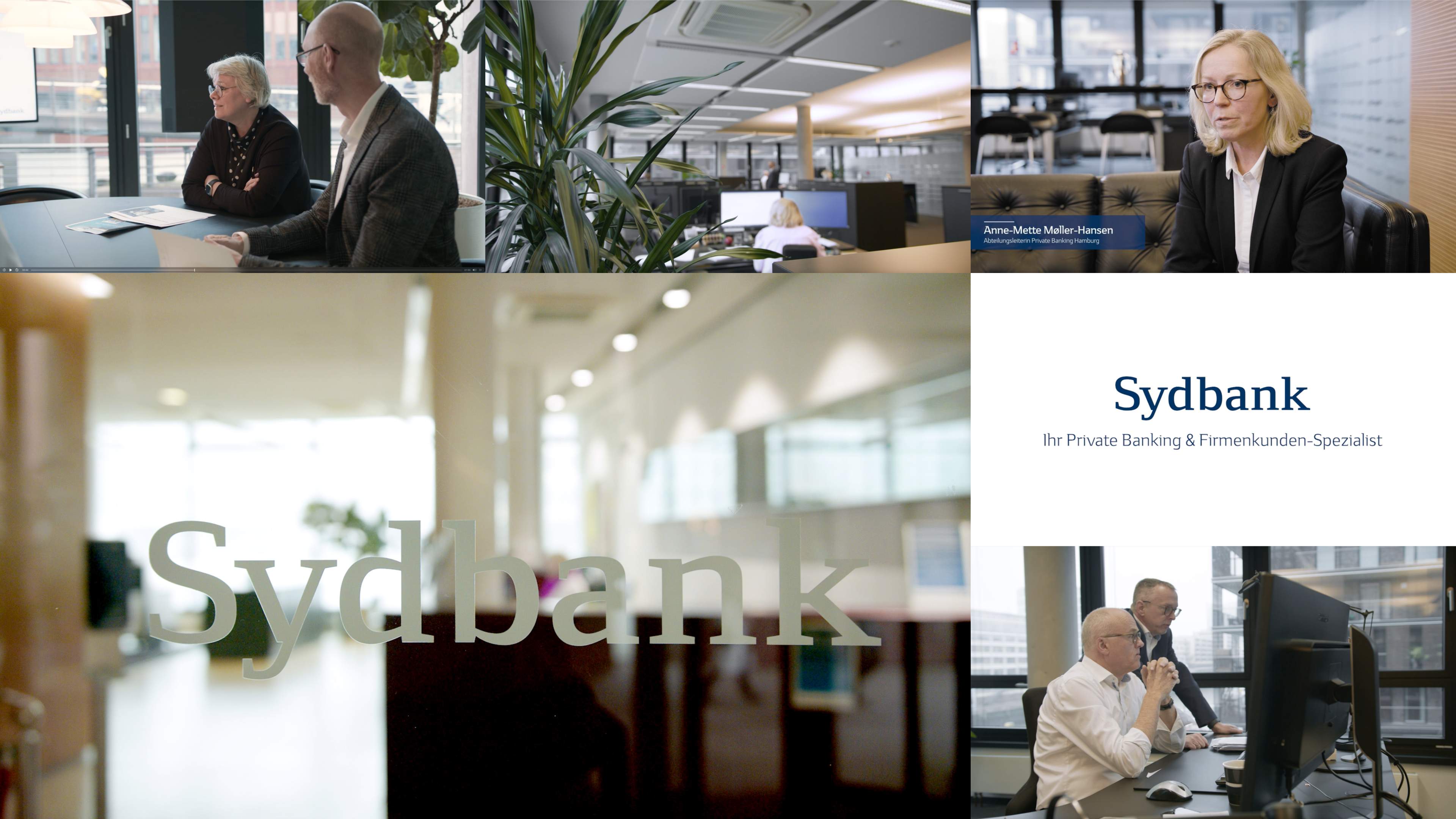 Collage mehrerer Bilder, die Einblicke in den Arbeitsalltag der Sydbank liefern